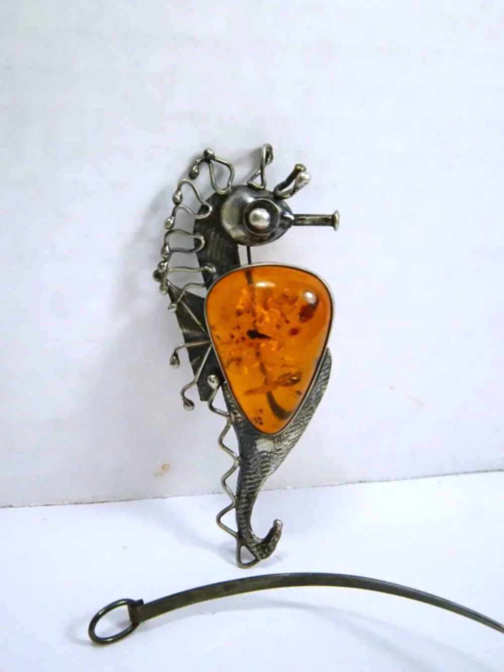 Rare Seahorse Baltic  Amber Sterling  Silver Pendant-Brooch Necklace